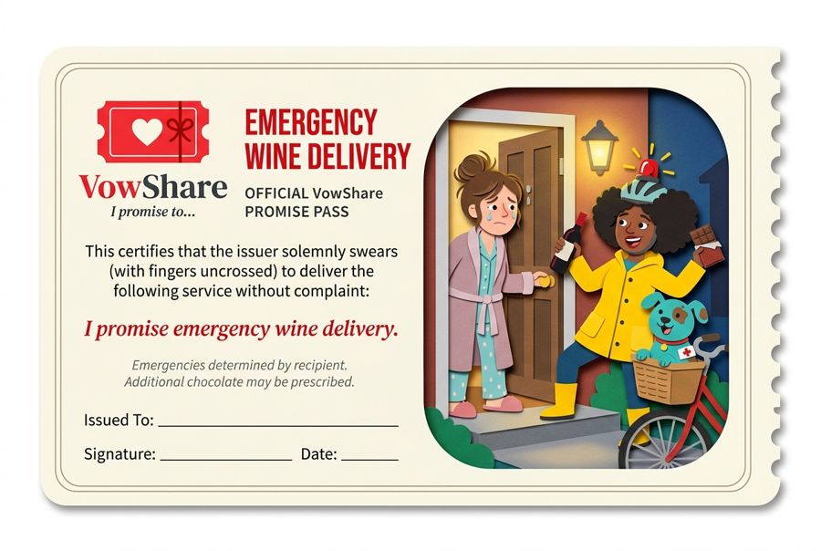 VowShare card: I promise emergency wine delivery.