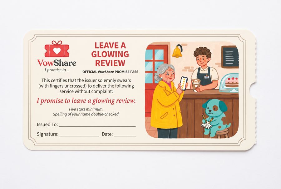 VowShare card: I promise to leave a glowing review.