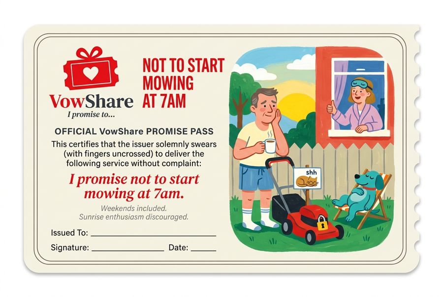 VowShare card: I promise not to start mowing at 7am.