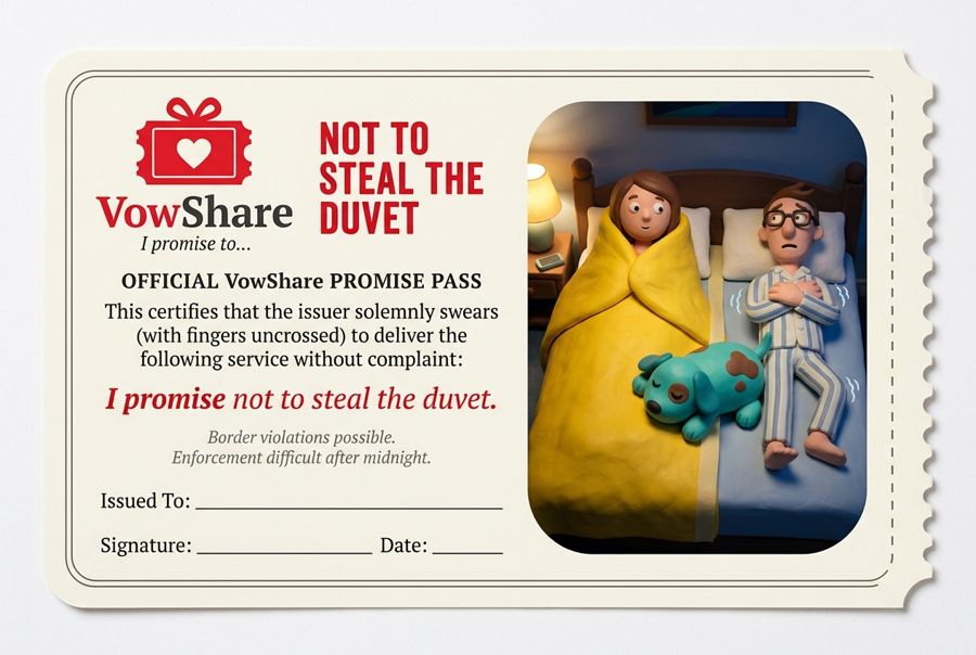 VowShare card: I promise not to steal the duvet.