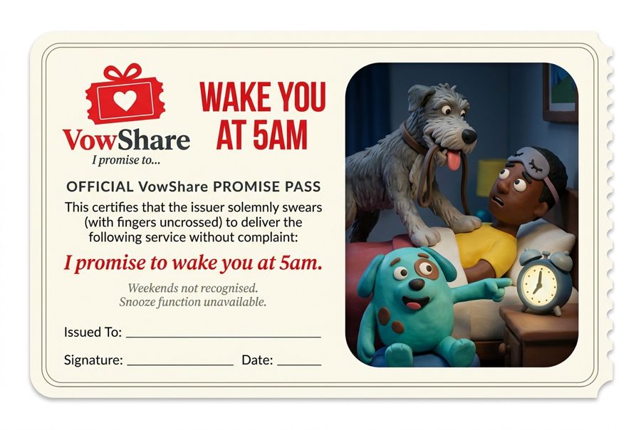 VowShare card: I promise to wake you at 5am.